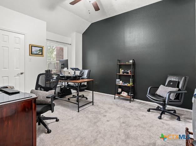 405 Arapaho Dr, Harker Heights, TX 76548 - office area featuring ceiling fan, lofted ceiling, and light carpet
