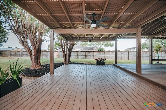 deck featuring a lawn, ceiling fan, and a fenced backyard