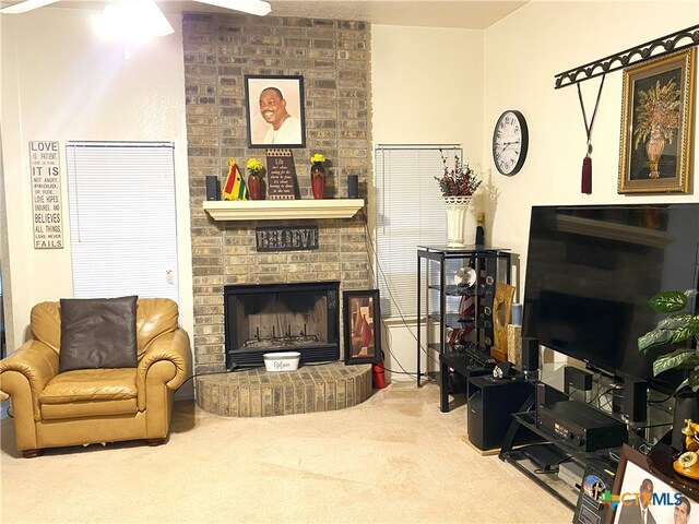 4803 Addie Dr, Killeen, TX 76542 - living area with a brick fireplace, carpet floors, and a ceiling fan