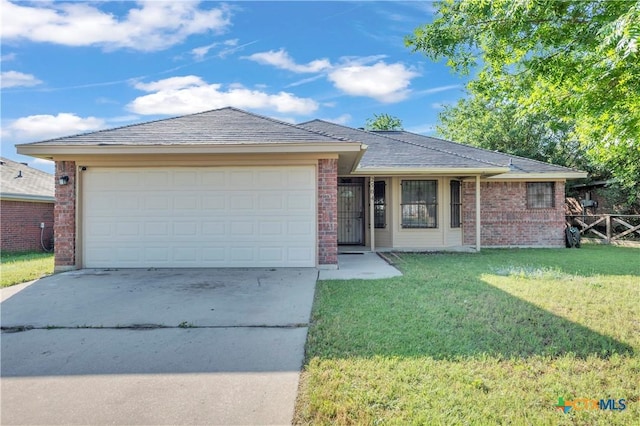 single story home featuring brick siding, concrete driveway, a front lawn, and an attached garage
