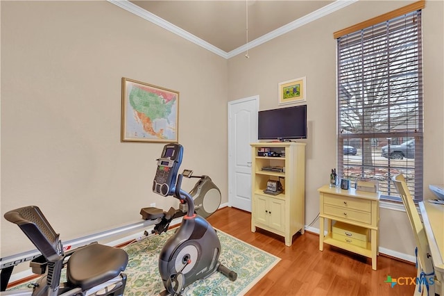 exercise area with ornamental molding, light wood-style floors, and baseboards