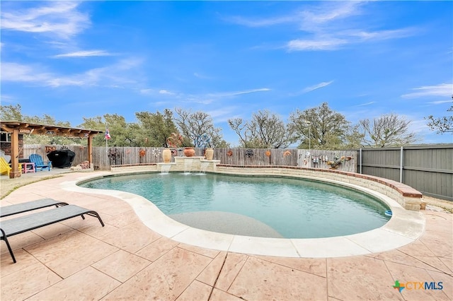 view of pool with a fenced backyard, a fenced in pool, and a patio