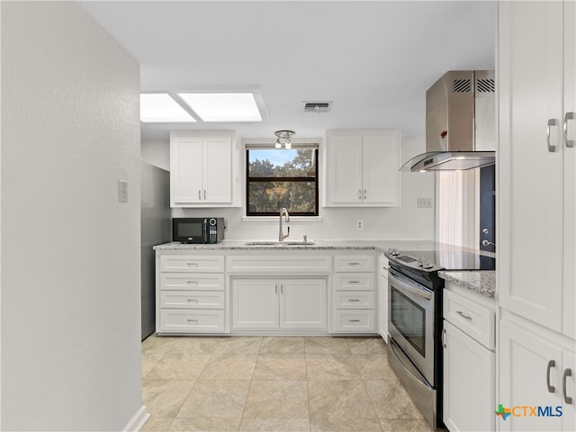 kitchen featuring white cabinetry, island exhaust hood, stainless steel electric stove, and sink