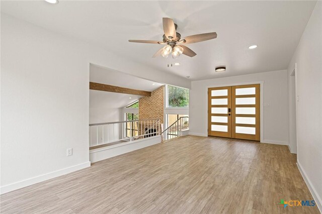 910 Cliffside Dr, Harker Heights, TX 76548 - unfurnished living room with a ceiling fan, wood finished floors, baseboards, recessed lighting, and french doors