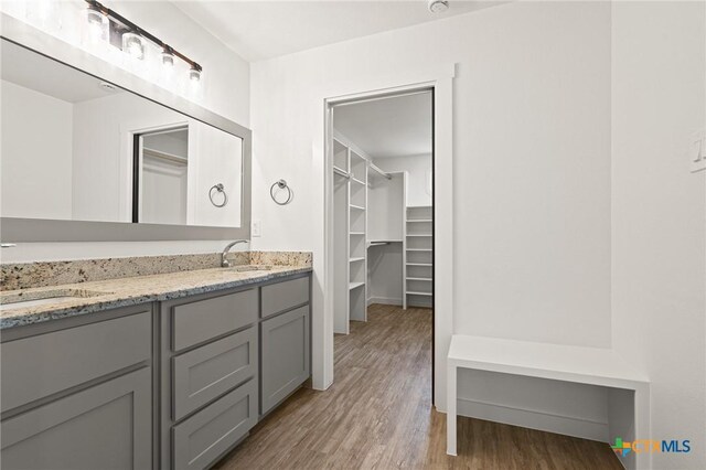 910 Cliffside Dr, Harker Heights, TX 76548 - bathroom with wood finished floors, double vanity, a spacious closet, and baseboards