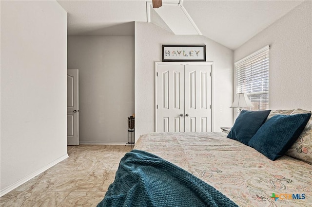 bedroom with lofted ceiling and a closet