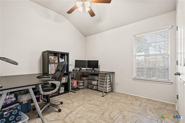 office space featuring vaulted ceiling and ceiling fan