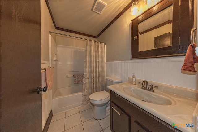 full bathroom with tile patterned flooring, shower / bath combination with curtain, ornamental molding, vanity, and toilet