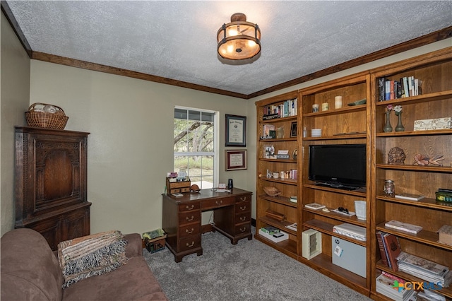 office with a textured ceiling, crown molding, and carpet