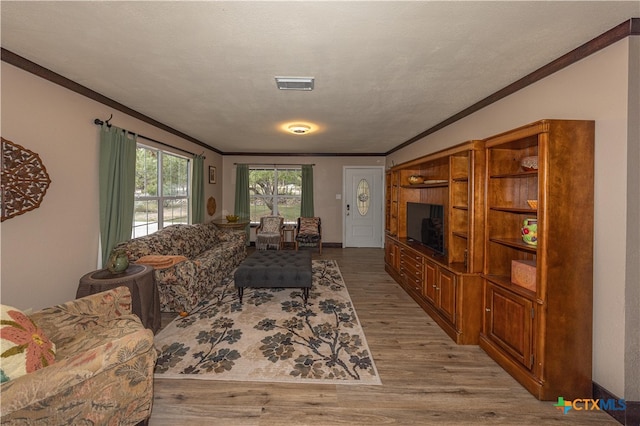 living room featuring light hardwood / wood-style floors, a textured ceiling, and crown molding