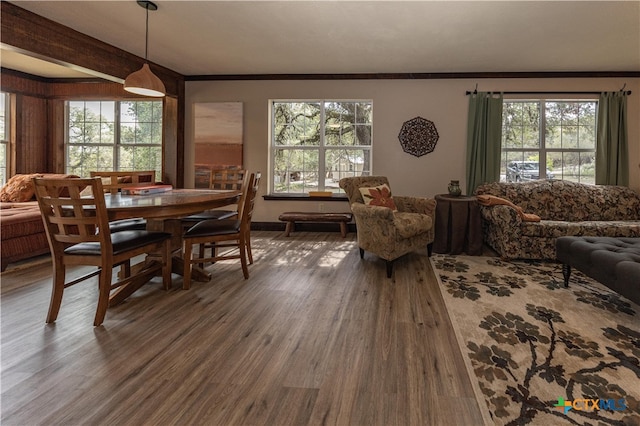 dining room with hardwood / wood-style floors, crown molding, and plenty of natural light