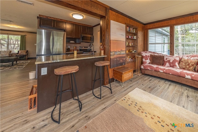 kitchen featuring light hardwood / wood-style floors, plenty of natural light, a breakfast bar, and appliances with stainless steel finishes