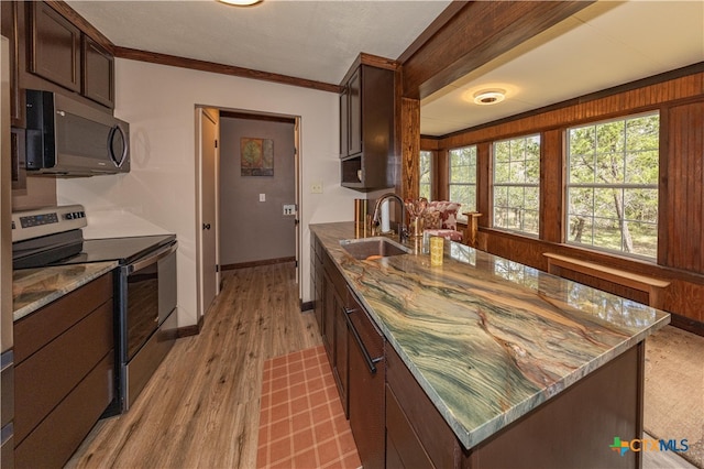 kitchen with light hardwood / wood-style floors, dark brown cabinets, stainless steel electric range oven, and sink