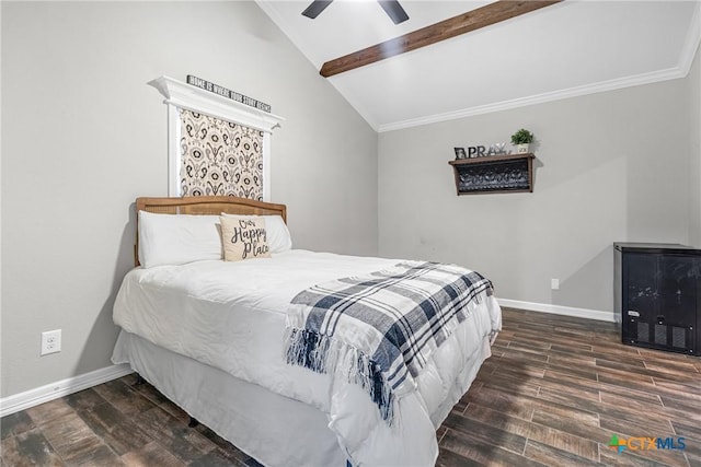 bedroom with lofted ceiling with beams, ceiling fan, baseboards, and wood finished floors