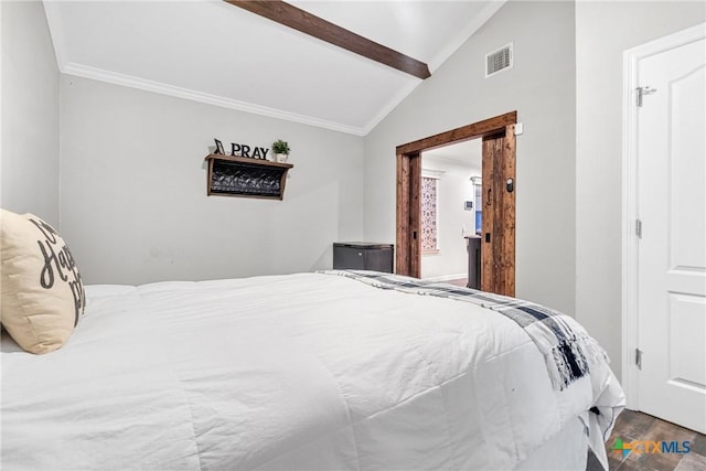 bedroom featuring lofted ceiling with beams, ornamental molding, wood finished floors, and visible vents