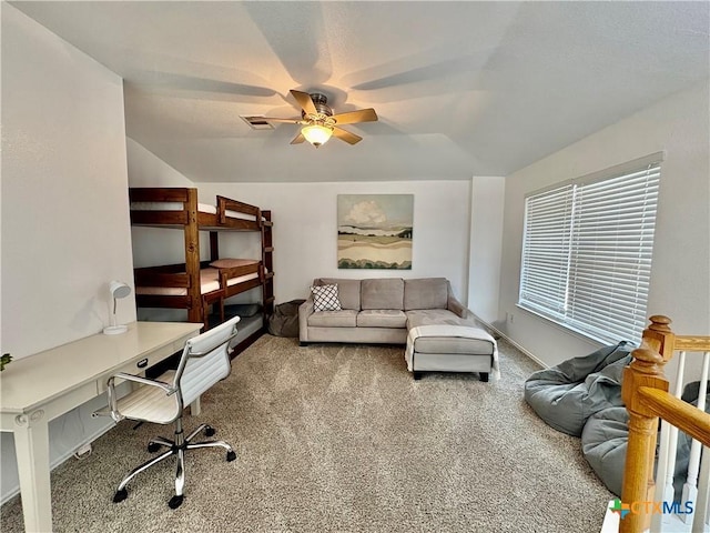 5902 Chuckwagon Cir, Killeen, TX 76542 - carpeted office featuring a ceiling fan, lofted ceiling, and baseboards