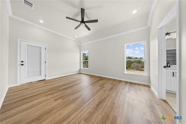 15938 Salado Dr, Temple, TX 76502 - spare room with ornamental molding, ceiling fan, light wood-style flooring, vaulted ceiling, and recessed lighting