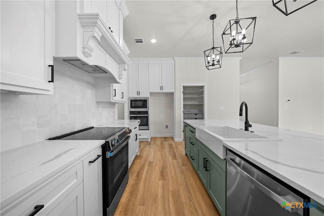 15938 Salado Dr, Temple, TX 76502 - kitchen with appliances with stainless steel finishes, white cabinetry, premium range hood, decorative backsplash, and ornamental molding