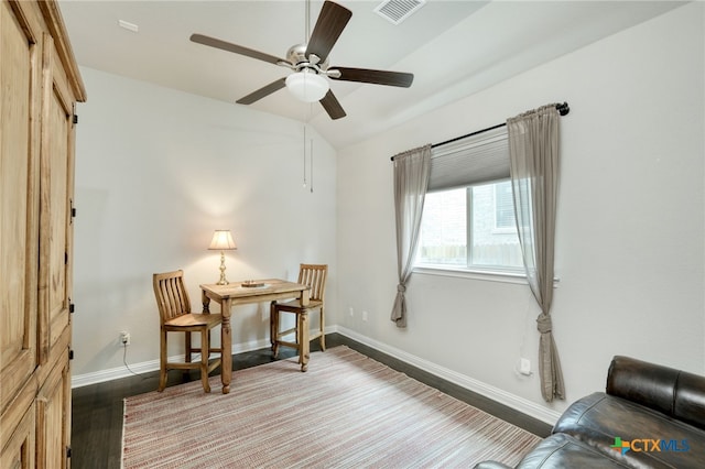 sitting room featuring baseboards, wood finished floors, and ceiling fan