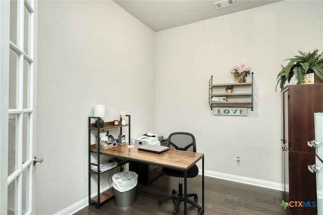 office area featuring dark wood finished floors and baseboards