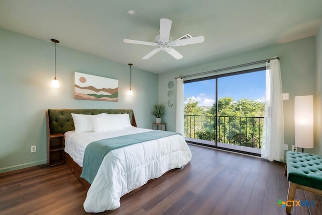 bedroom with access to exterior, wood finished floors, baseboards, and ceiling fan