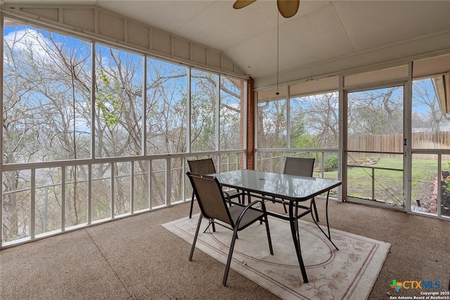 300 Ridge Crest Dr, Seguin, TX 78155 - sunroom / solarium featuring a ceiling fan, lofted ceiling, carpet flooring, and outdoor dining space
