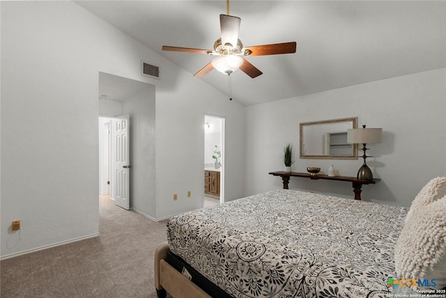 300 Ridge Crest Dr, Seguin, TX 78155 - bedroom with lofted ceiling, carpet, baseboards, ceiling fan, and ensuite bathroom