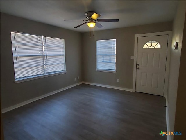 entryway featuring a wealth of natural light, dark hardwood / wood-style floors, and ceiling fan