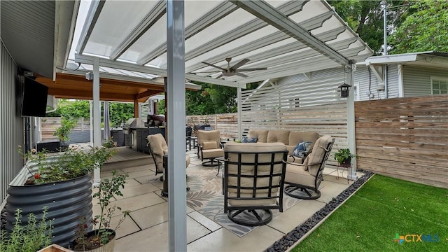 view of patio featuring outdoor dining area, a fenced backyard, ceiling fan, and outdoor lounge area