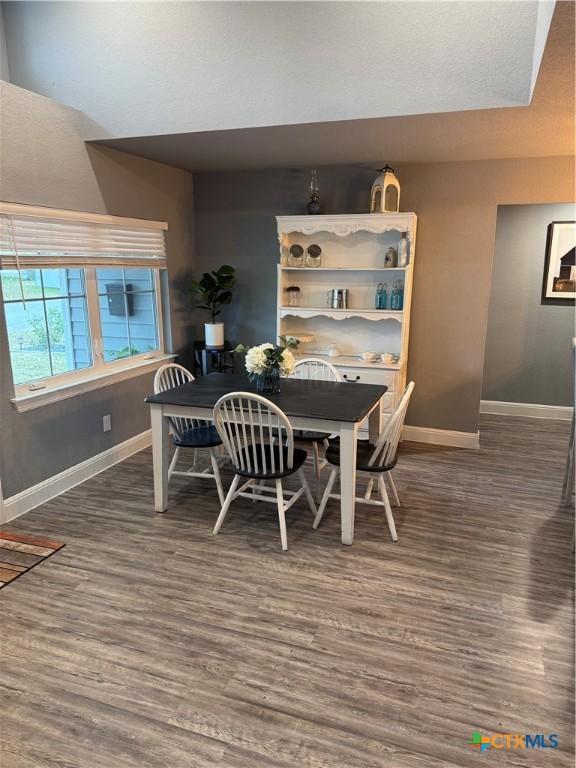 dining area featuring dark wood-type flooring