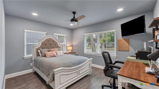 bedroom featuring ceiling fan, baseboards, wood finished floors, and recessed lighting