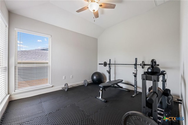 4001 Crockett Ave, Lago Vista, TX 78645 - workout area featuring a ceiling fan, baseboards, and lofted ceiling