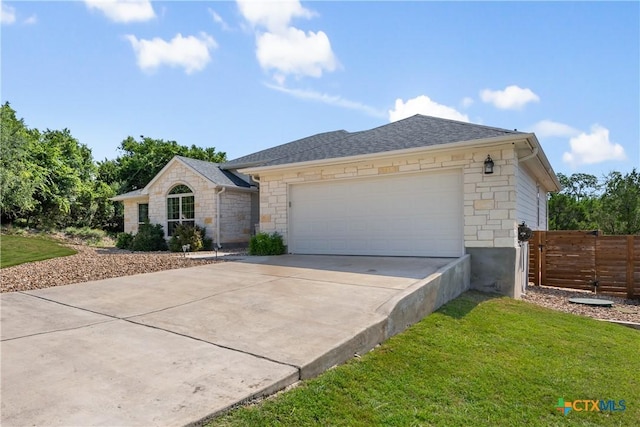 4001 Crockett Ave, Lago Vista, TX 78645 - ranch-style house featuring stone siding, concrete driveway, an attached garage, and roof with shingles