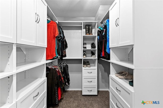 walk in closet featuring dark colored carpet