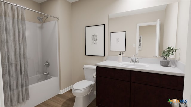 full bathroom with hardwood / wood-style floors, vanity, toilet, and shower / tub combo