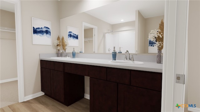 bathroom with wood-type flooring and vanity