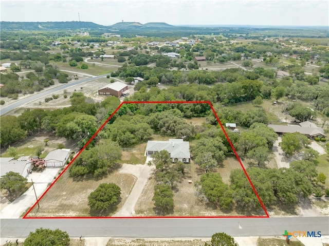 birds eye view of property with a mountain view