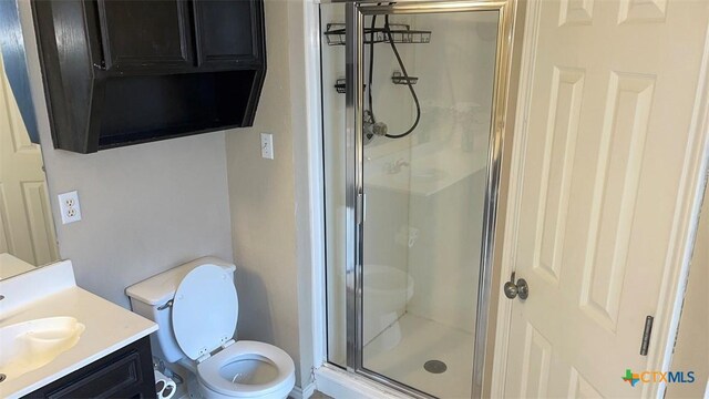 full bath featuring vanity, toilet, and a stall shower