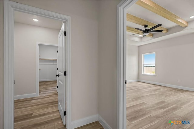 1811 Ember Dr, Temple, TX 76502 - hall featuring light wood-style floors, beamed ceiling, and recessed lighting