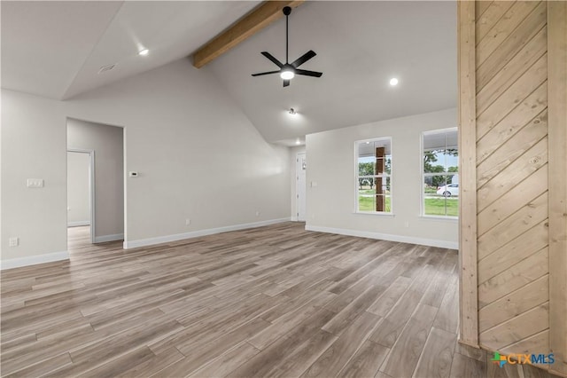 1811 Ember Dr, Temple, TX 76502 - unfurnished living room featuring beamed ceiling, ceiling fan, light wood finished floors, high vaulted ceiling, and recessed lighting
