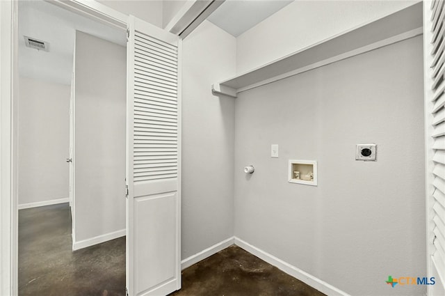 washroom featuring washer hookup, visible vents, electric dryer hookup, laundry area, and baseboards