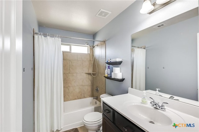 bathroom featuring visible vents, shower / bathtub combination with curtain, toilet, and vanity