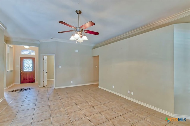 interior space featuring ceiling fan, light tile patterned floors, and ornamental molding