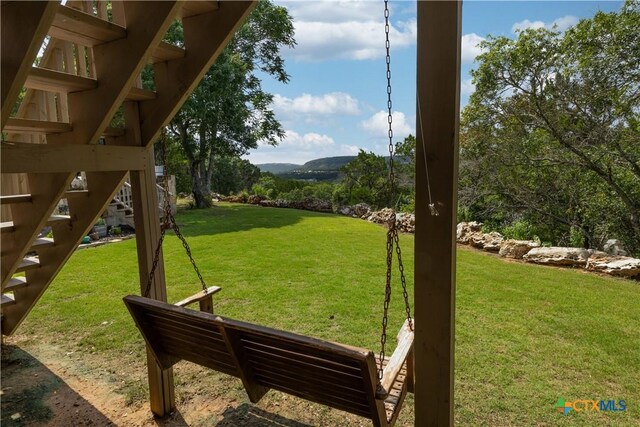 514 Eden Ranch Dr, Canyon Lake, TX 78133 - view of grassy yard featuring stairway and a mountain view
