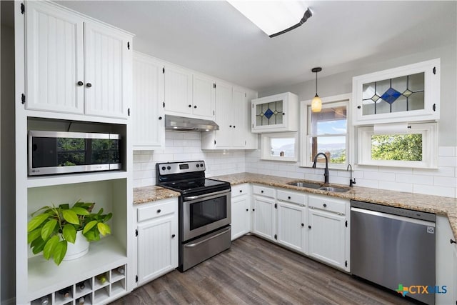 514 Eden Ranch Dr, Canyon Lake, TX 78133 - kitchen featuring appliances with stainless steel finishes, under cabinet range hood, light stone counters, and healthy amount of natural light