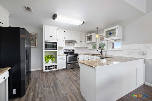 514 Eden Ranch Dr, Canyon Lake, TX 78133 - kitchen with stainless steel appliances, under cabinet range hood, a peninsula, dark wood-style flooring, and decorative backsplash