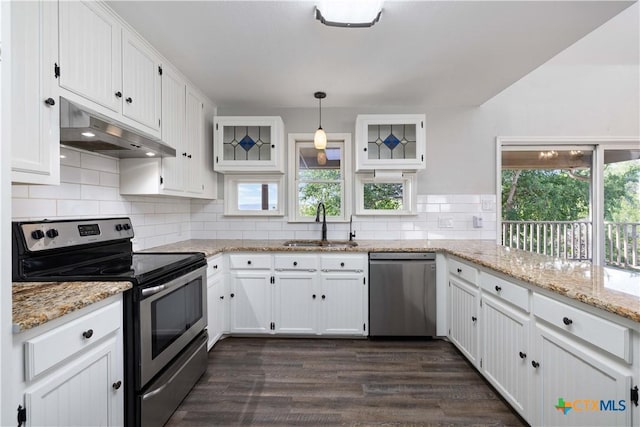 514 Eden Ranch Dr, Canyon Lake, TX 78133 - kitchen with appliances with stainless steel finishes, under cabinet range hood, white cabinets, dark wood-style flooring, and decorative backsplash