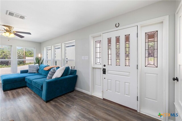 514 Eden Ranch Dr, Canyon Lake, TX 78133 - entryway featuring dark wood finished floors and a ceiling fan