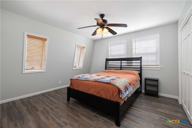 514 Eden Ranch Dr, Canyon Lake, TX 78133 - bedroom featuring wood finished floors, a closet, and ceiling fan