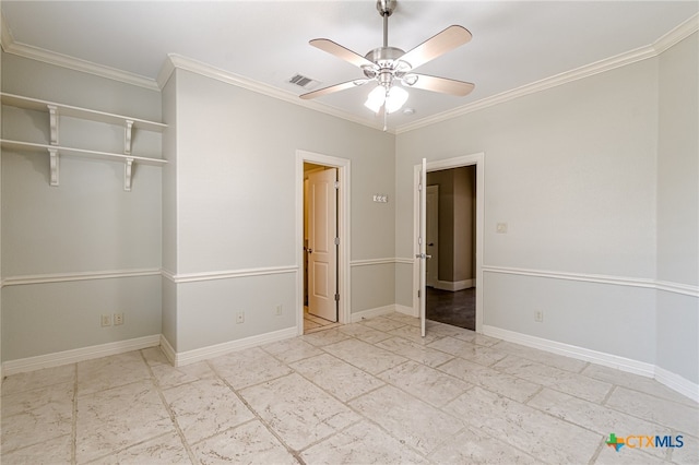 unfurnished bedroom with ceiling fan, a closet, and ornamental molding